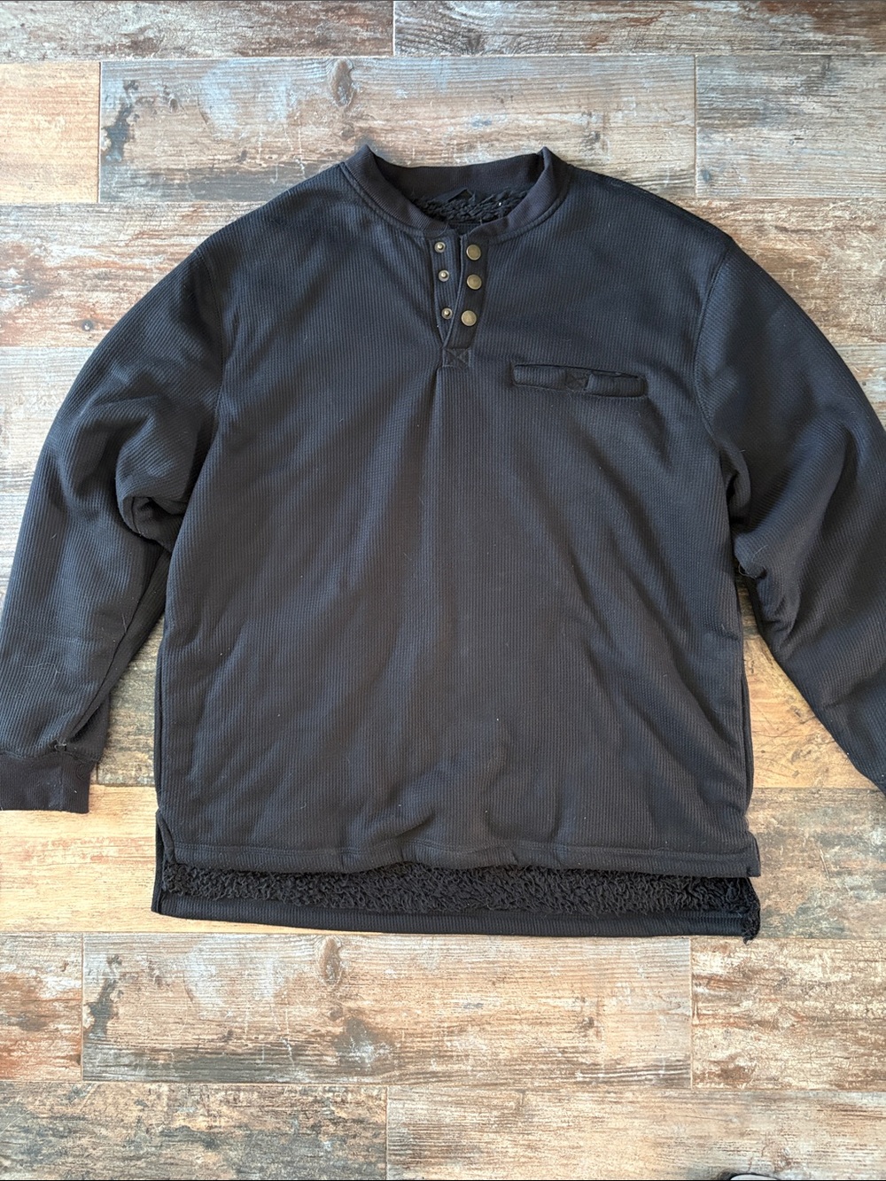 Men's Black Crewneck Henley Sweater with Snap Placket